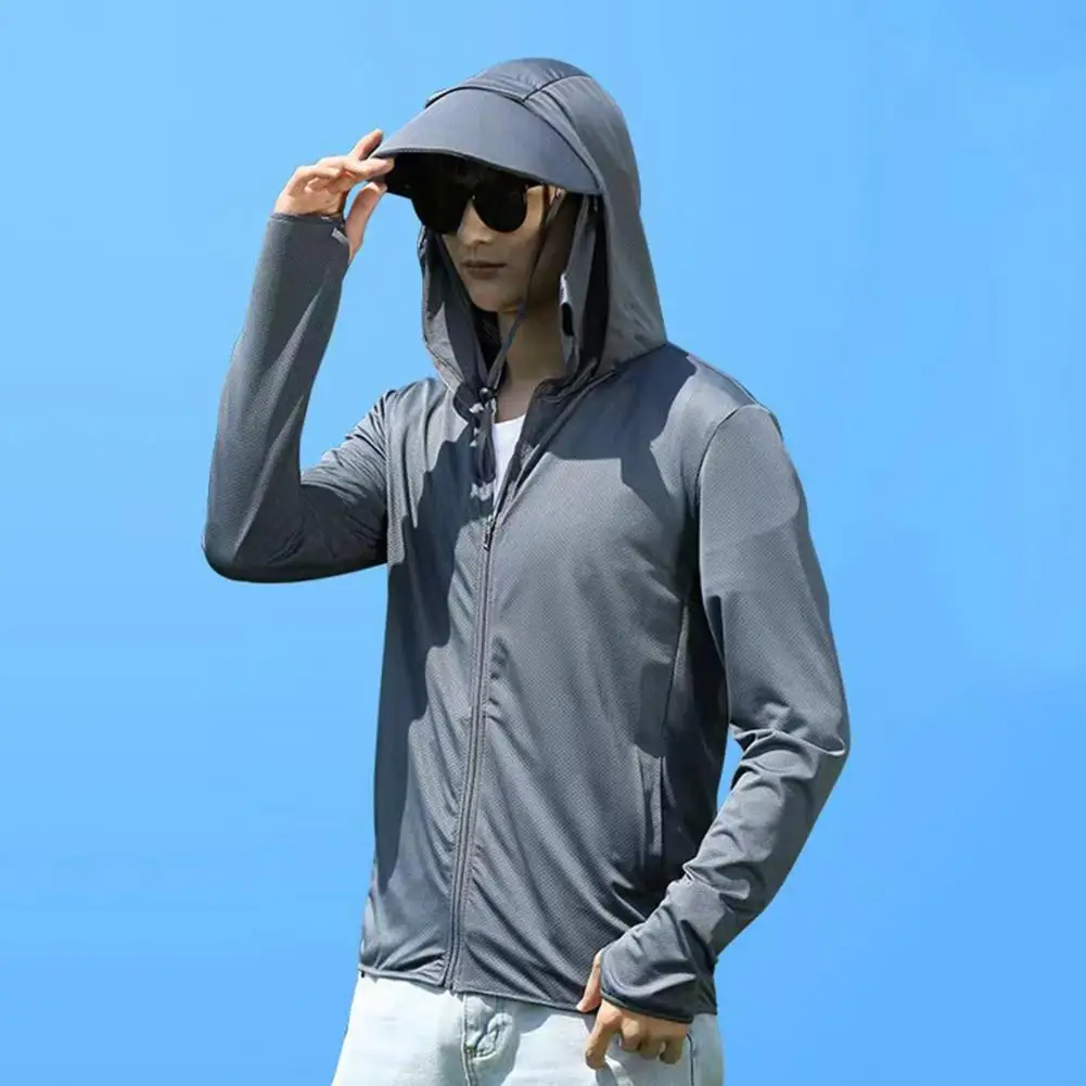 Unisex Sun Jacket Detachable Brim Hooded Long Sleeve Coat Sunscreen Jacket Zipper Placket Cycling Running Outwear