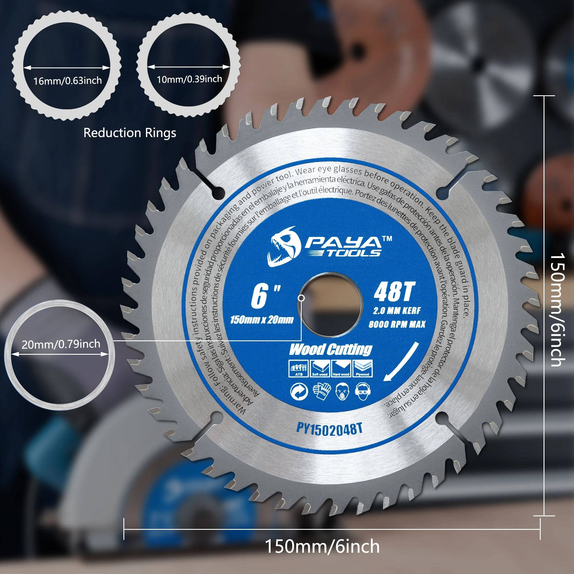 PAYA Woodworking TCT Circular Saw Blade 150mm 48 Tooth 6 Inch Cutting Disc with 20mm Arbor for Softwood Hardwood Plywood Cutting view 2