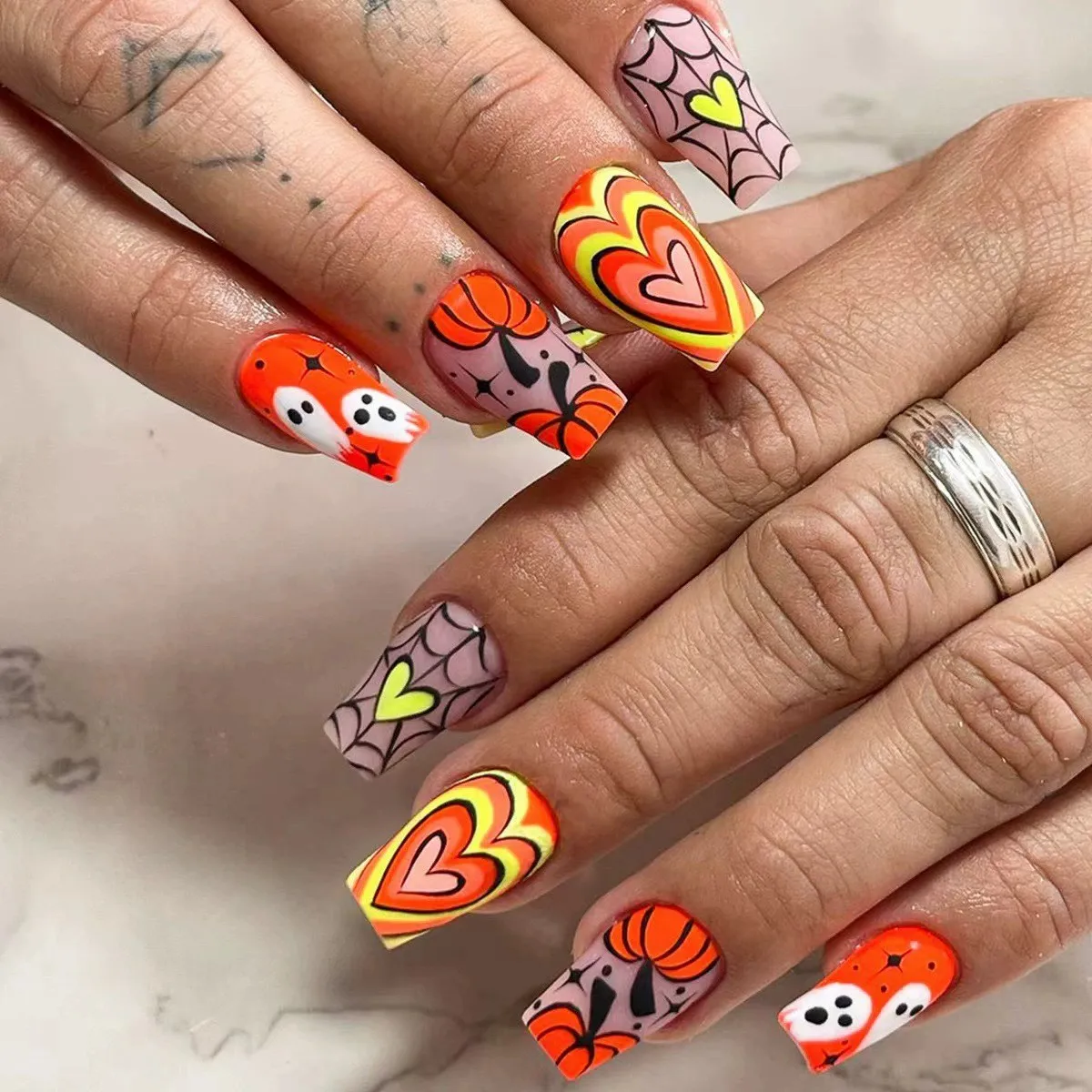 

24pcs Pumpkin French Halloween Fake Nails Press On Nails Cute Long Ballet Ghost Spider Web False Nails Coffin Artificial Nails