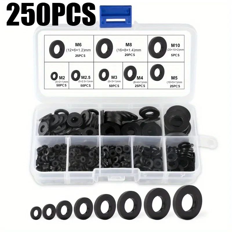Schwarzes Nylon-Unterlegscheiben-Set – Robuste, flache, runde Unterlegscheiben für Schrauben und Bolzen, selbstspannendes Design, inklusive der Größen M2 bis M12. – Detail 3