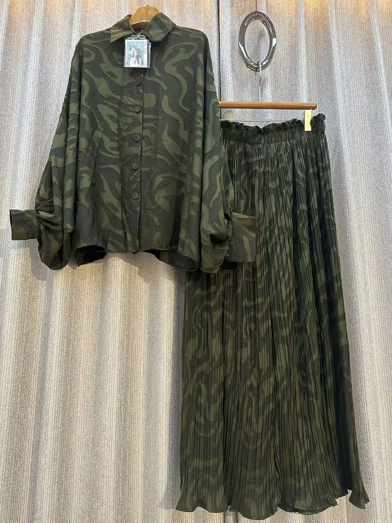 Herbst Grau Floral Zwei Stück Set Frauen Muslime Kleidung Pocelain Jacke Shirts Elastische Taille Breite Bein Lange Hosen 2 stücke Outfits