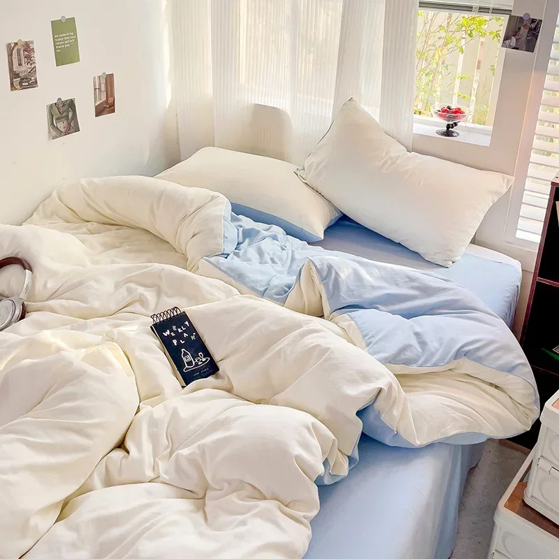 Bed Linen Cotton Bedding Set with Sheet Duvet Cover Pillowcase Single Couple Bedsheet King Queen Twin Size Soild Color Bed Set