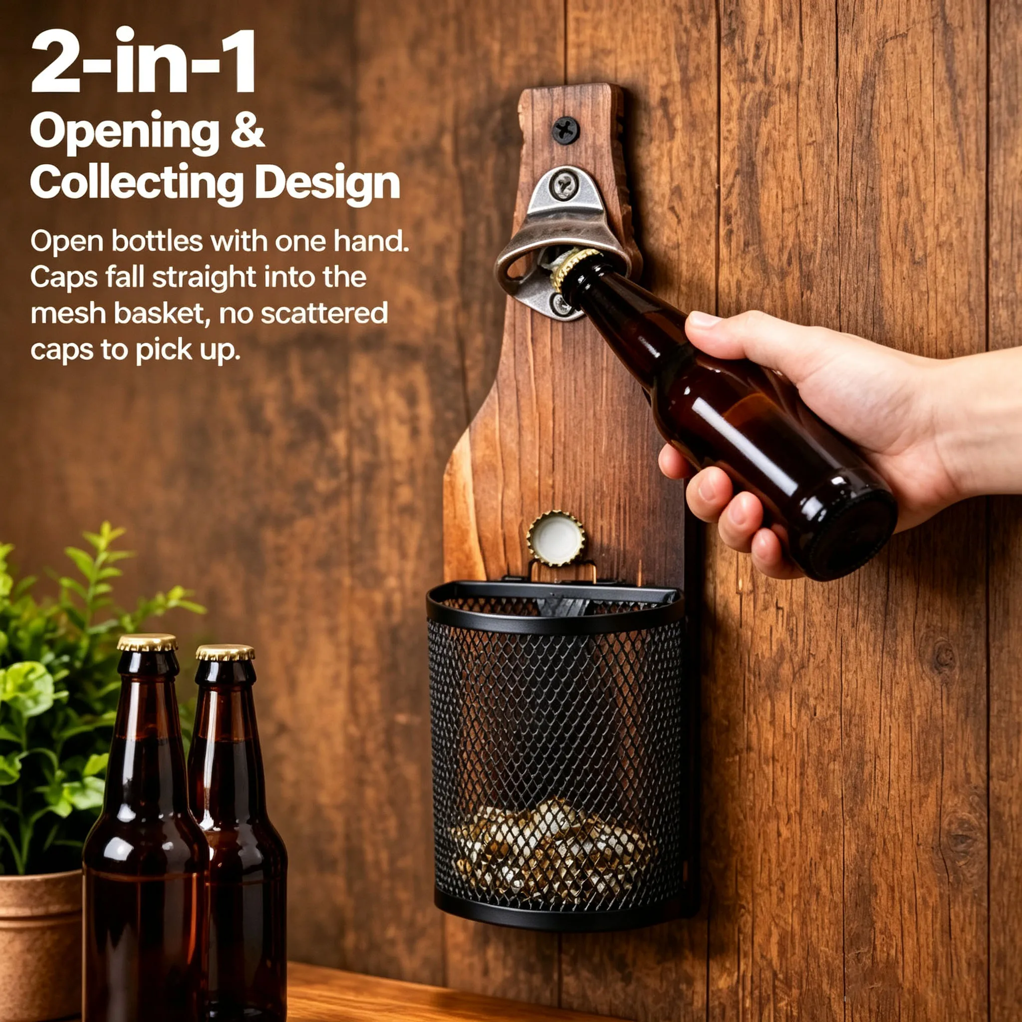 Vintage Wood Wall Beer Opener with Cap Storage Basket Retro Bar Wall Decoration for Kitchen Backyard BBQ Gift for Beer Fans 2