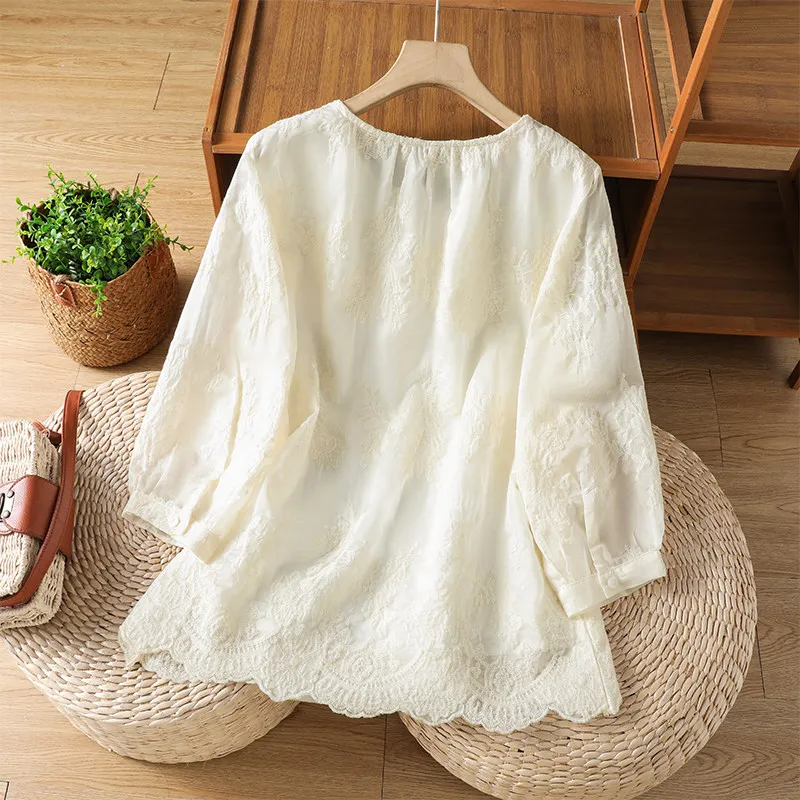 Harajuku Vintage Cream Beige Lace Embroidered Blouse Tassel Tie Neck 3/4 Sleeve Casual Summer Boho Top Countryside Garden Wear