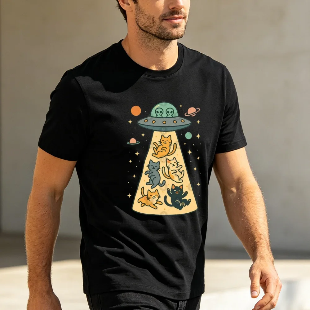Funny UFO Alien Abduct Cats Graphic Tees Casual Tops Retro Space Animal Print Daily Outfit Gift For Cat & Space Lovers