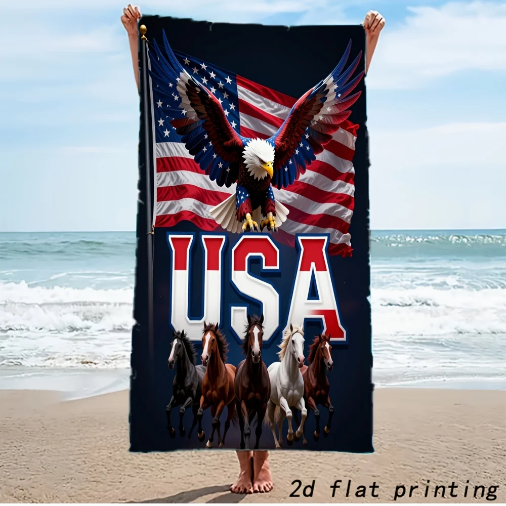USA Patriotic Bald Eagle Horse American Flag Beach Towel Large Microfiber Absorbent Quick‑Dry Sand Proof Bath Towel 4th Of July