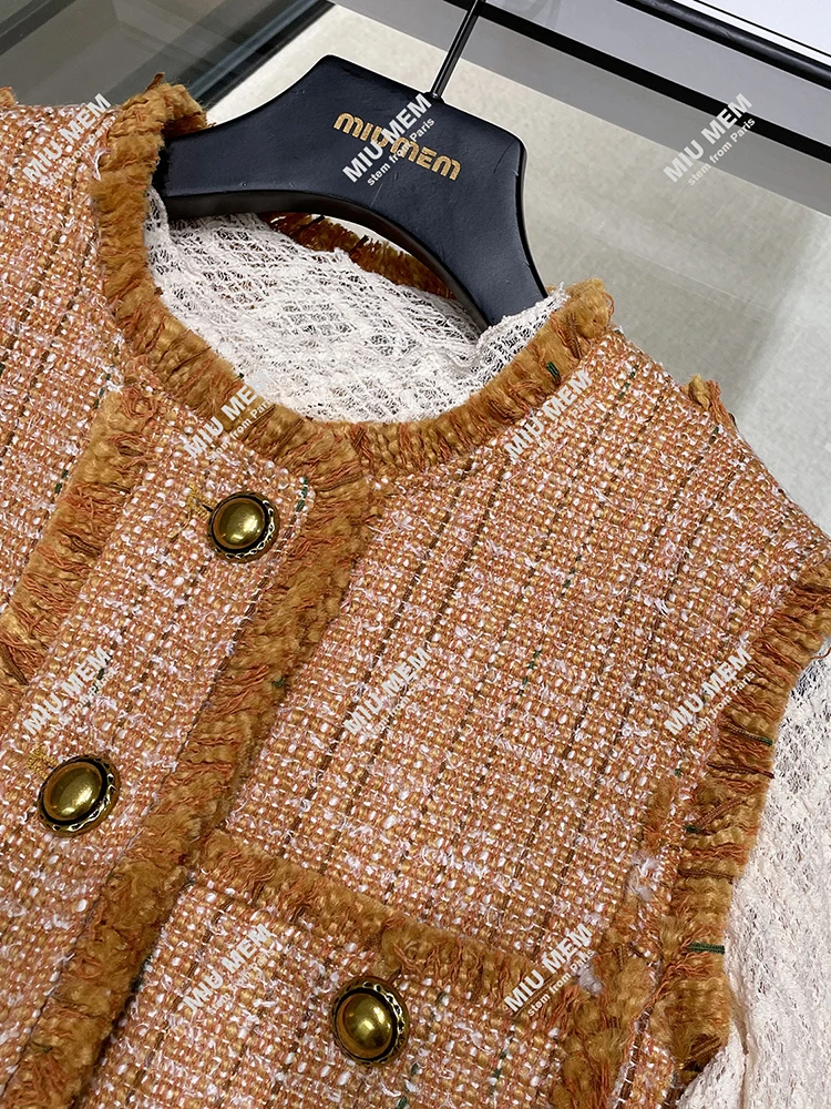 High-End Autumn Winter Tweed Fringe Vest Outerwear for Women Commute Sle with kets round Ne Single Button Closure