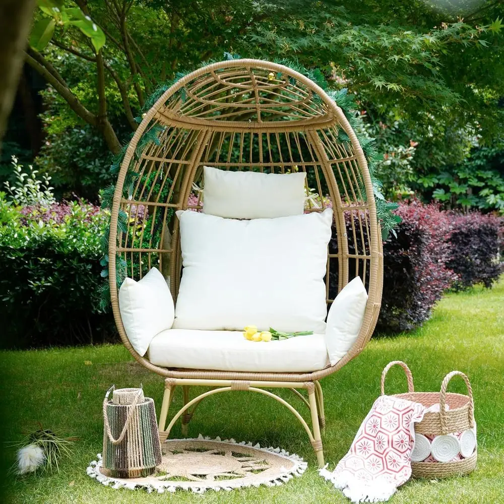 

Jumbo Wicker Egg Chair: Indoor/Outdoor Lounge with Cushions for Patio or Living Room Comfort