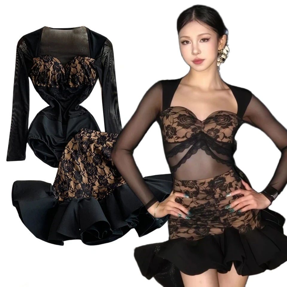 

Женское платье для латинских танцев, сексуальный кружевной костюм с цветочным принтом, сетчатый прозрачный тонкий боди + мини-юбка-русалка с оборками, комплекты из 2 предметов для сальсы-ча-ча