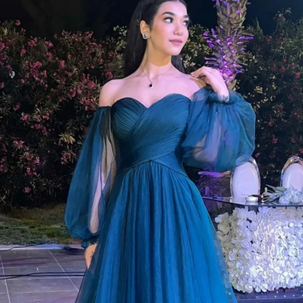 Romantic Blue Tulle A-line Evening Pageant Dresses 2024 Sweetheart Long Puffy Sleeves Pleats Tulle Prom Formal Party Gowns