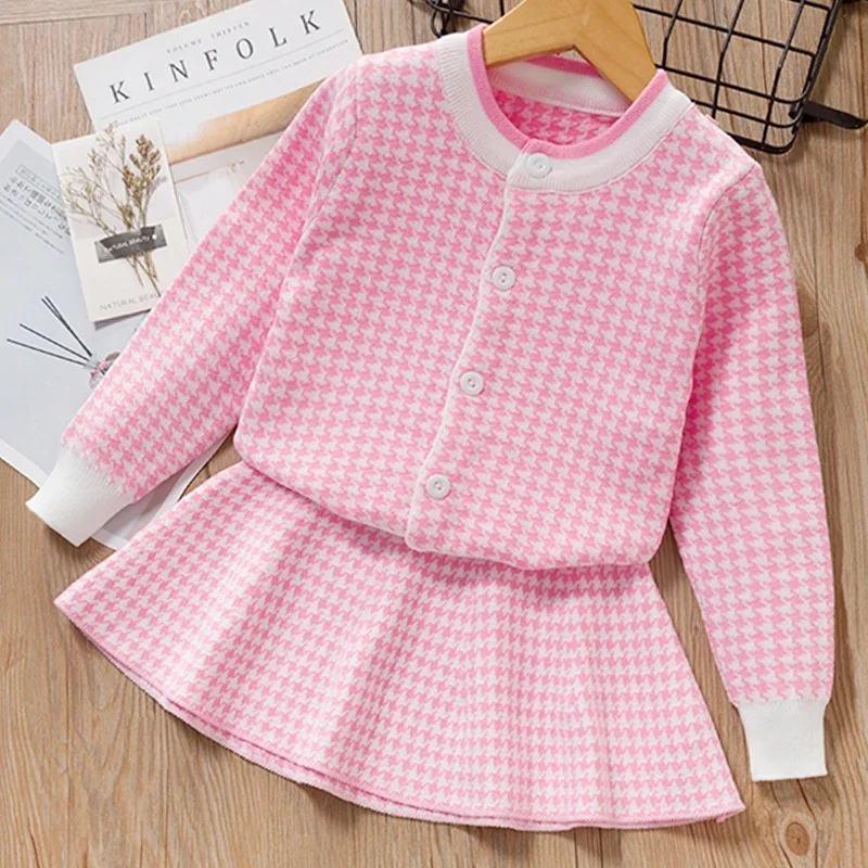 

Bear Leader Girls Sets 2023 New Spring Pink Houndstooth Knitted Suits Long Sleeve Plaid Sweater+Skit 2Pcs Kids Suits For 3-7Y