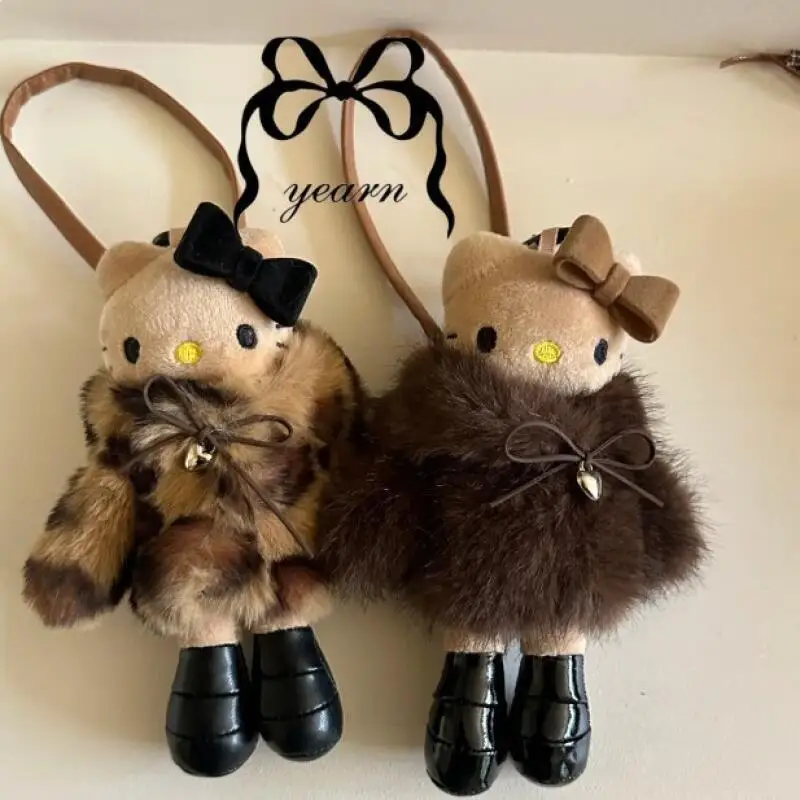 Cartoon Sanrio Hello Kitty Long Legs Black Skin Series Fur Coat Plush Keychain Student Canvas Bag Hanging Decoration Easter Gift