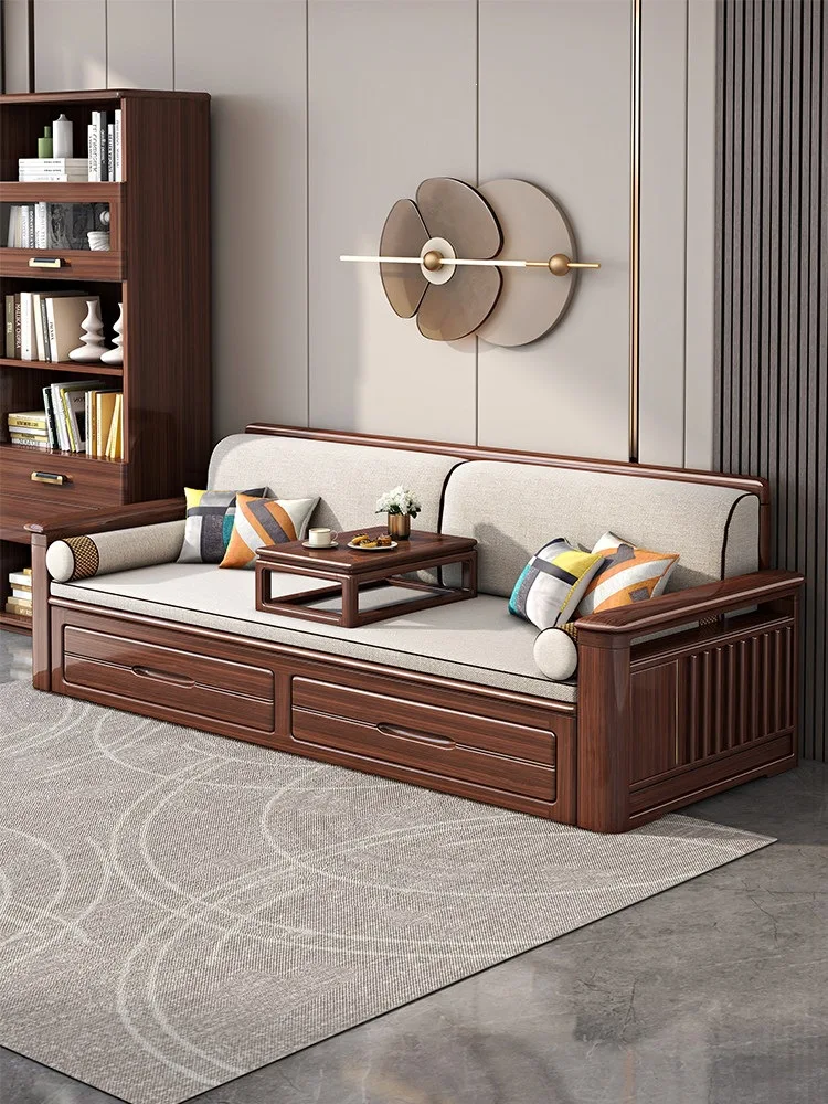 New Chinese-style solid wood sofa bed push-pull dual-purpose Arhat bed living room multi-functional integrated storage