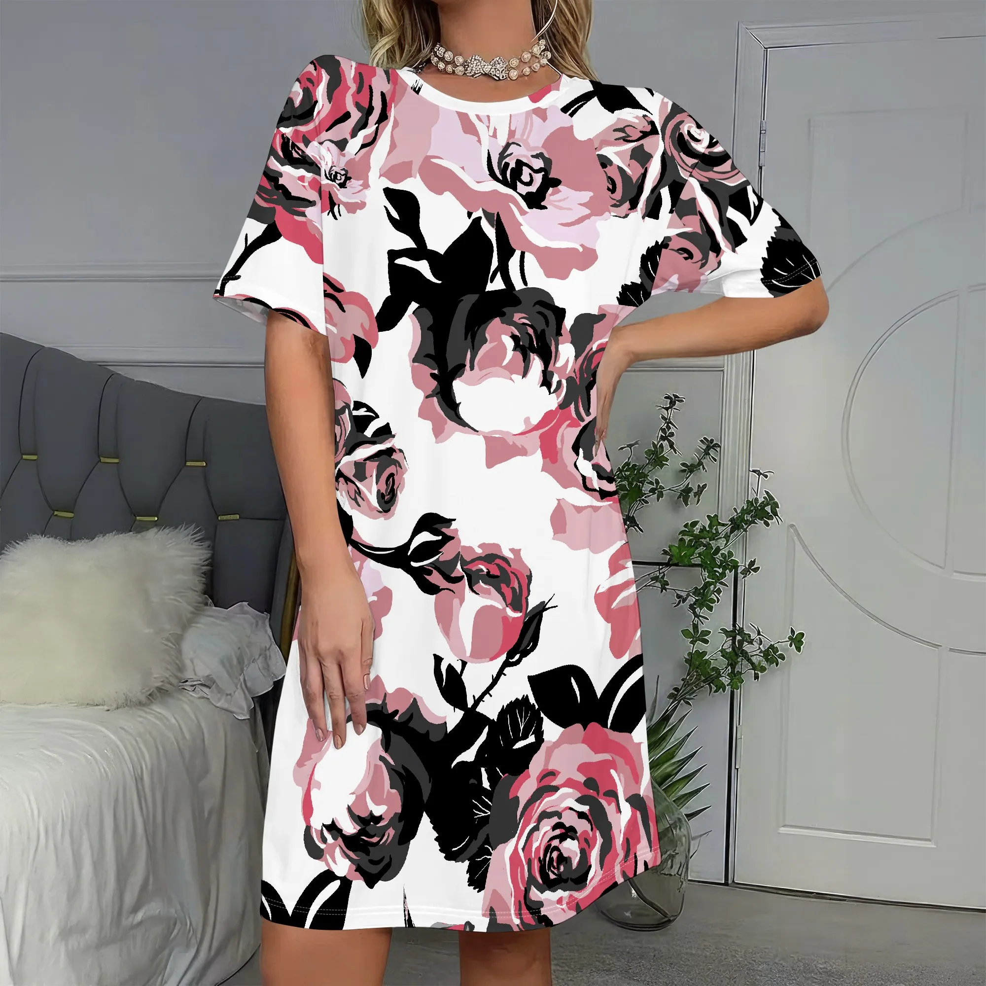

Bold Floral Print,Short Sleeve Dress,Pink Rose Pattern,Black White A-Line,Casual Party Wear,S-2XL