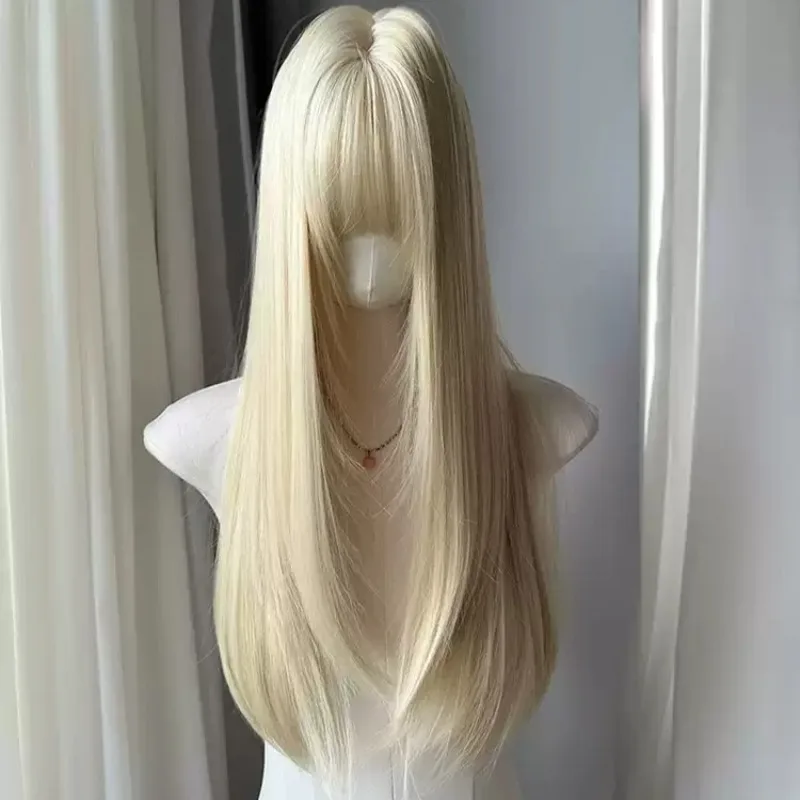 Light Golden Long Straight Wig Blunt Bangs High Layered Cut Y2K Punk Style Synthetic Hair Wig Cosplay Daily with Wig Cap