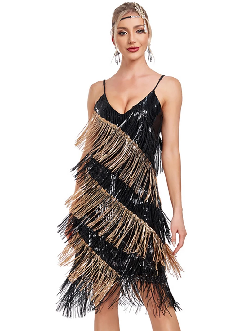 

Adult Women Sling Backless Sequin Tassel Dress Contrasting Sleeveless Party Club Dancewear Latin Skirt Rumba Cha Cha Mini Dress