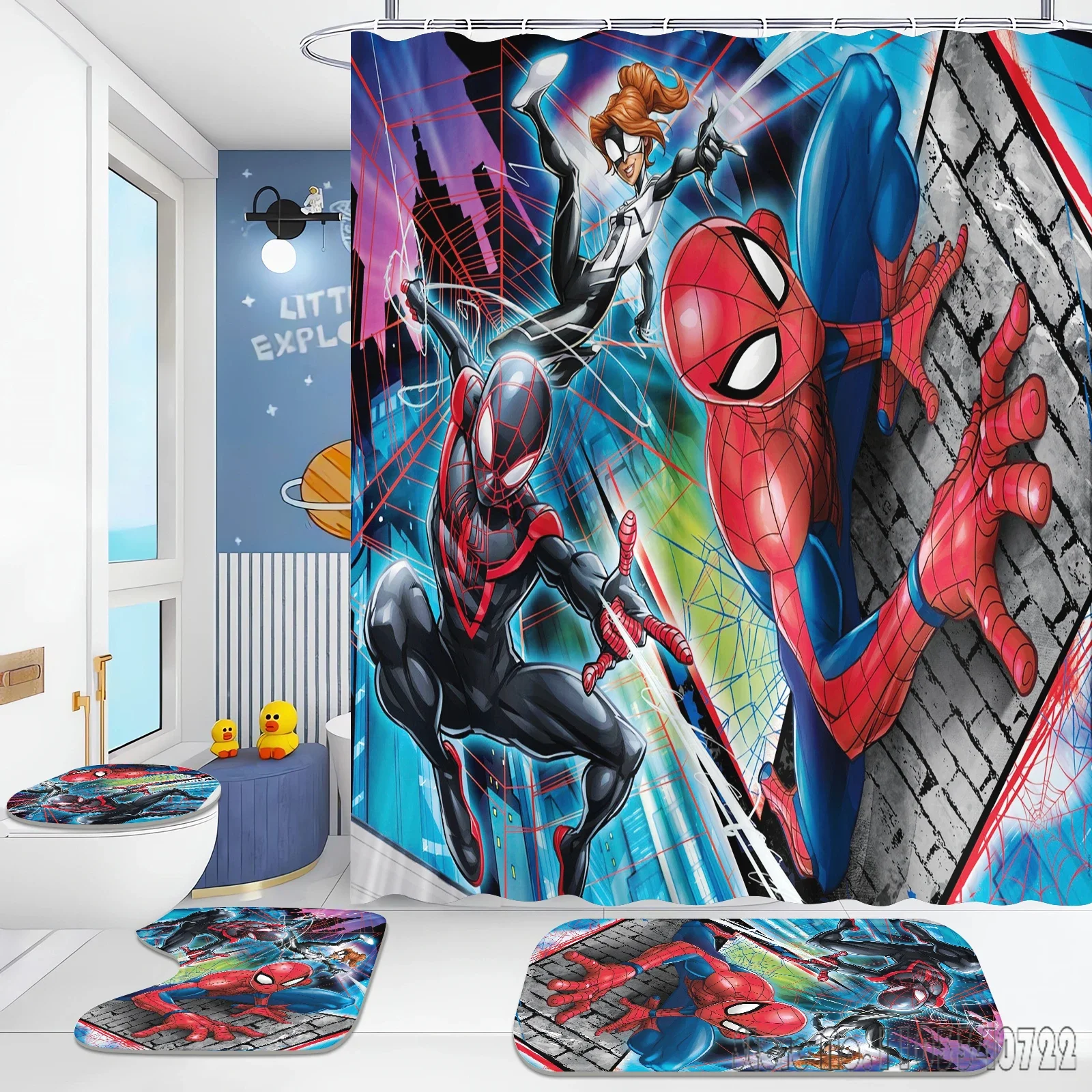 Disney Jongens Spider Man Anime Bad Douchegordijn Set 4 stuks met Haken Waterdichte Badkamer Wc Mat Deksel Decor