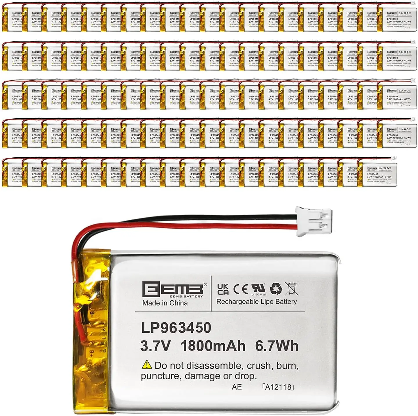 EEMB 100PACK Lithium Polymer Battery 3.7V 1800mAh 963450 Lipo Rechargeable Battery Pack with Wire JST Connector for Speaker