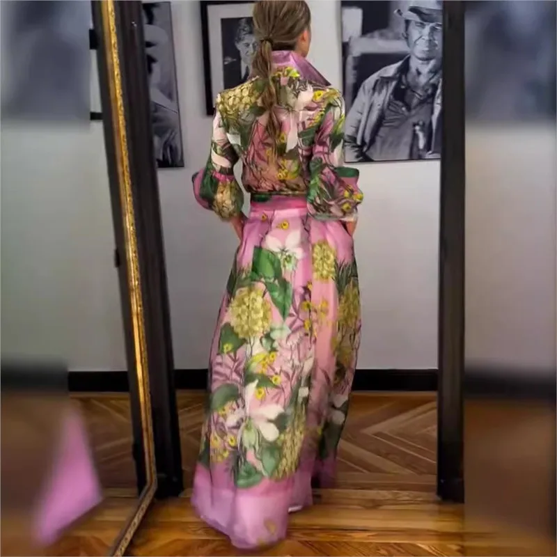 Casual Lapel Lantern Sleeve Shirt + Long Skirt Suit 2025 Fashion Lace Up Party Outfit Elegant Pattern Print  2 Piece Skirt Set image 2
