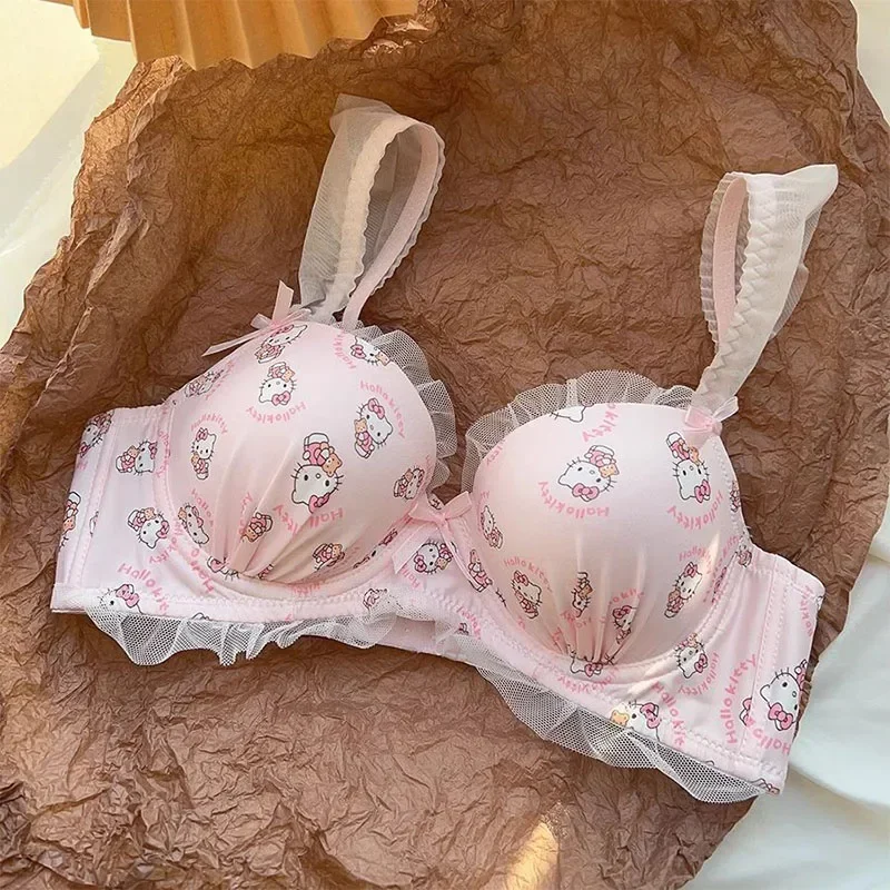 Miniso Sanrio Underwear Set Hello Kitty Lace Bowknot Bra Sweet Girl Bra Panties No Steel Ring Push Up Comfortable Underwear Gift