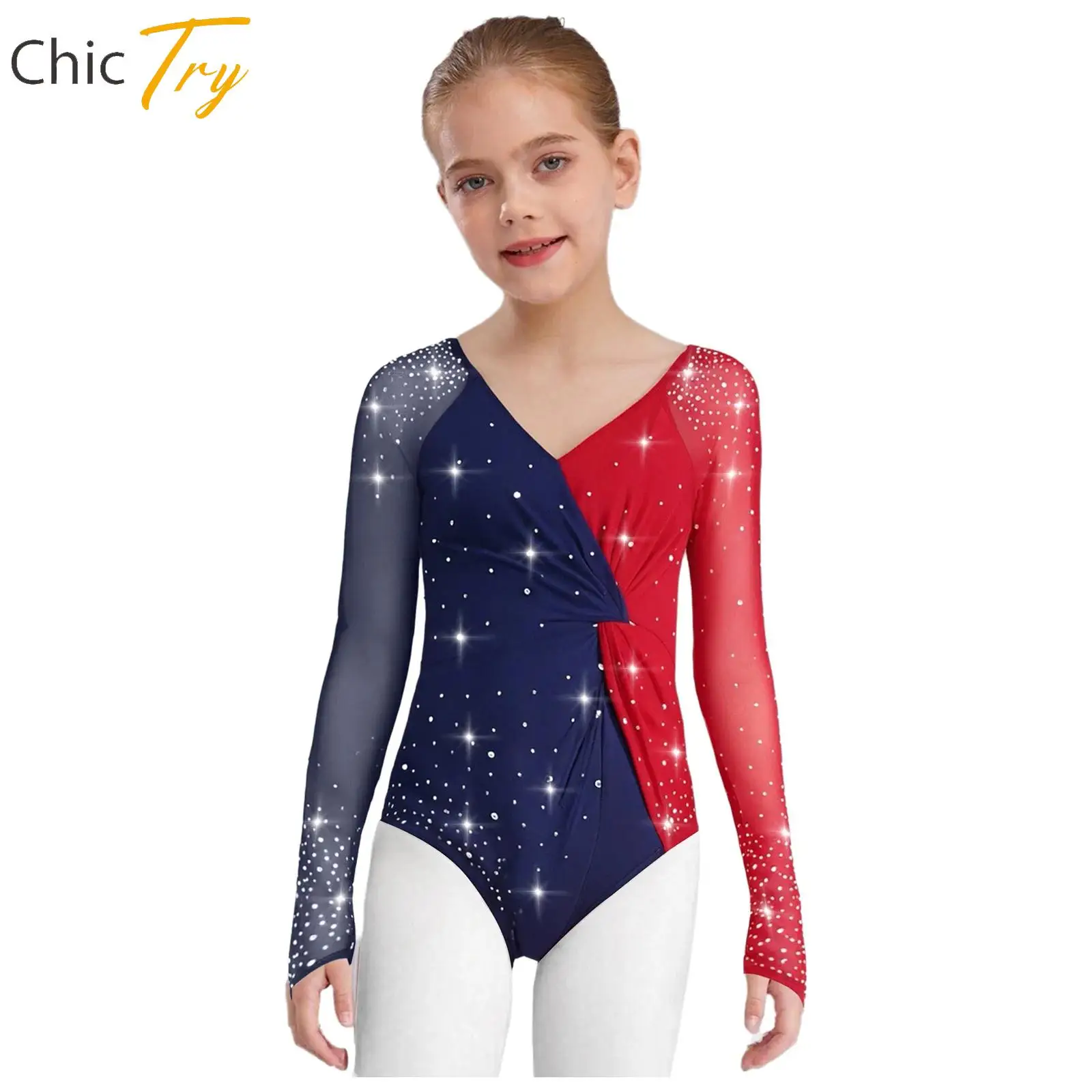 

Kids Girls Gymnastics Fancy Figure Skating Dance Leotard Long Sleeves Shiny Rhinestones Color Block Bodysuit Ballet Yoga Costume
