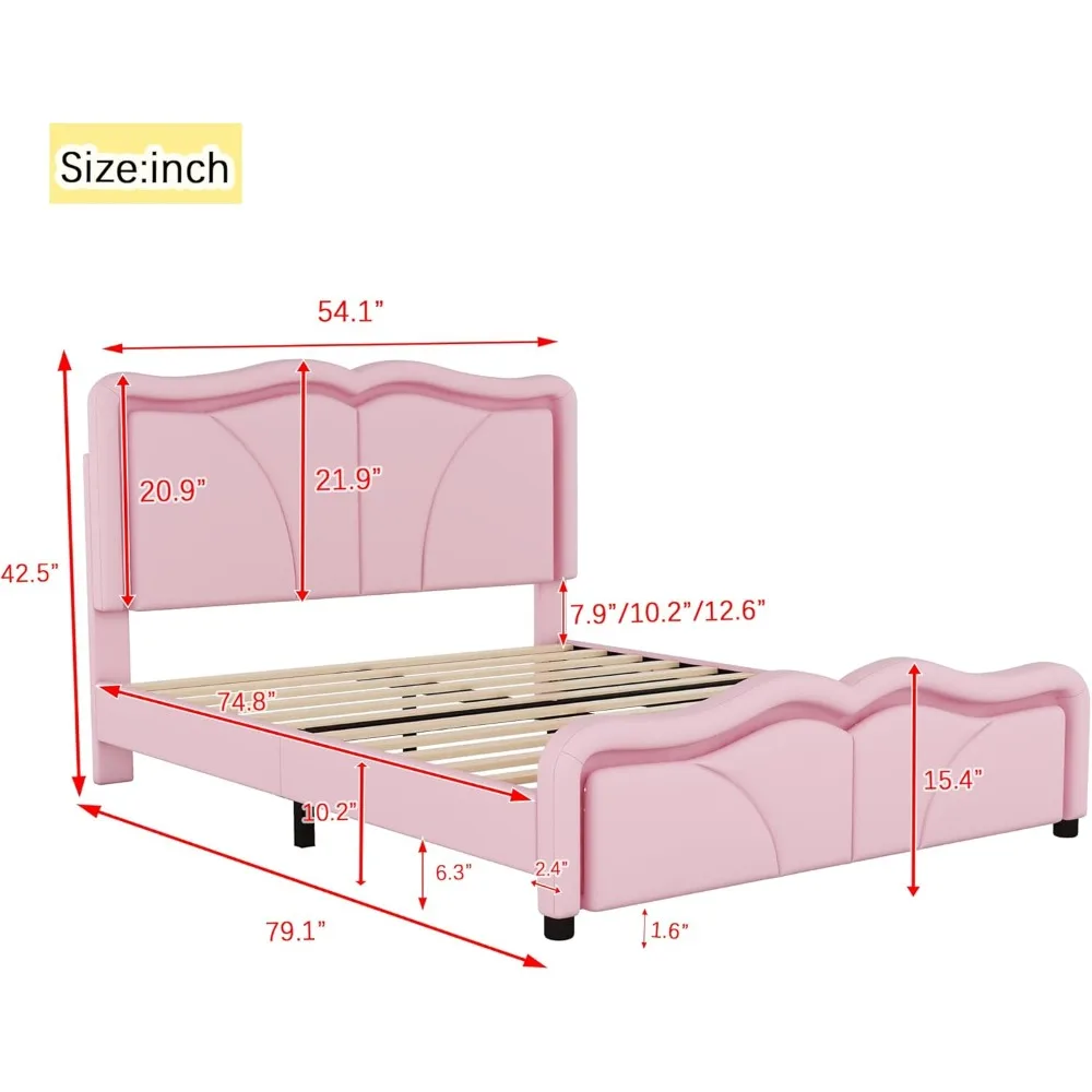 Full Size PU Upholstered Platform Bed,Bed Frame with LED Lights,Bedstead with Adjustable Headboard Height