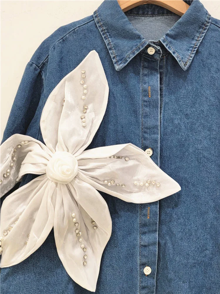 DEAT Fashion New Women\'s Spliced 3D Rivet Flower Denim Coat 2024 Summer Trendy Lapel Long Sleeve Buttons Jacket Female 29L7827