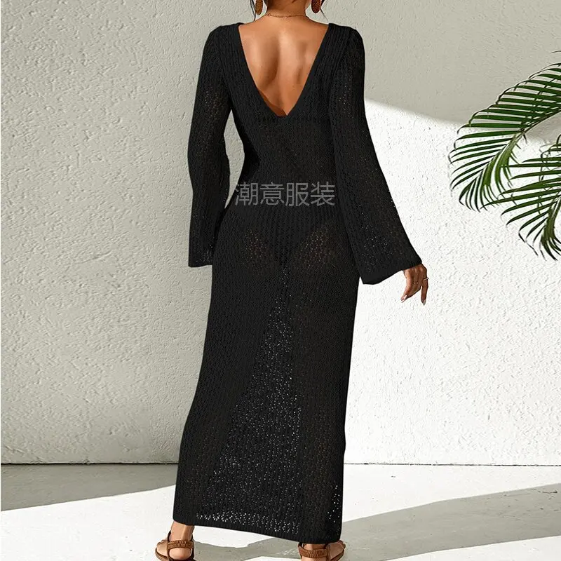 Robe longue à col en V amissié pour femme, cover-up pour maillot de bain, tenue de plage, vêtements féminins, manches longues, bouton rond, sexy, vacances, soleil, 2024