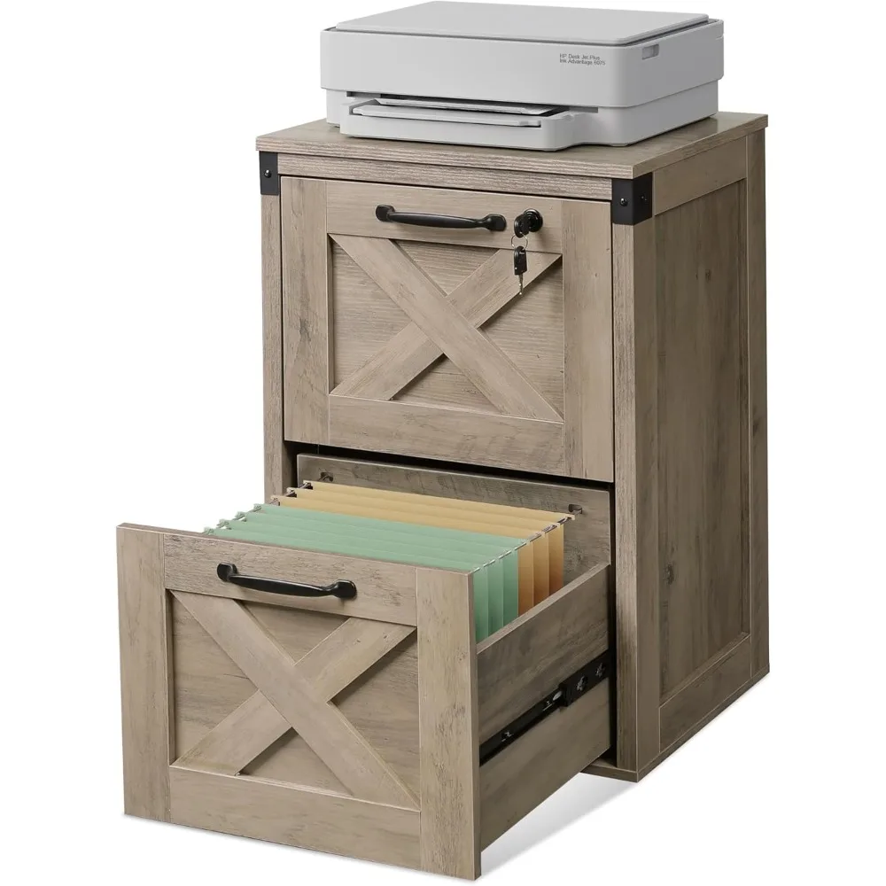

2 Drawer File Cabinet with Lock, Wood Farmhouse Filing Cabinet for Home Office, Printer Stand Fits Letter and A4 Size, Gray Oak