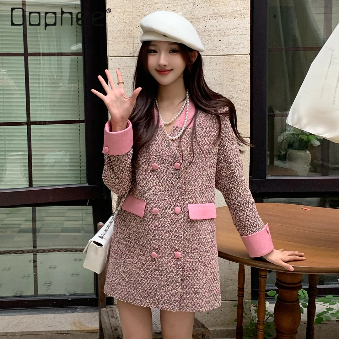 Korean Style Pink Tweed Dress Sweet V Neck Double Breasted Long Sleeve Coat Elegant Female Clothing Ladies Outerwear