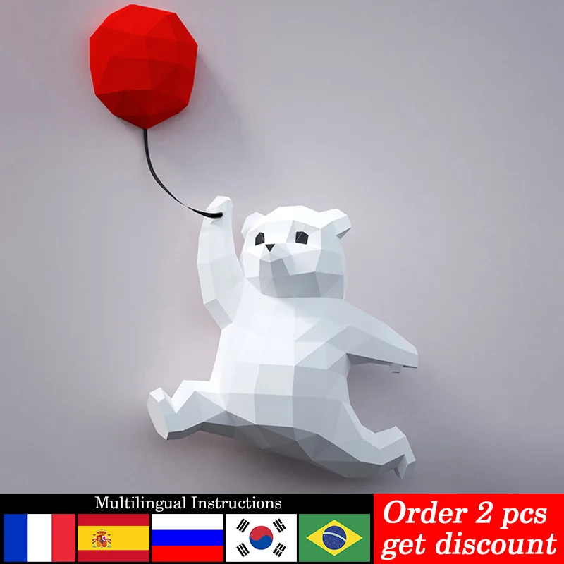 Polar Bear Balloon Animal Paper Model Room Wall Decor,3D Home Decoration Papercraft,Handmade DIY Adult Origami Craft RTY317