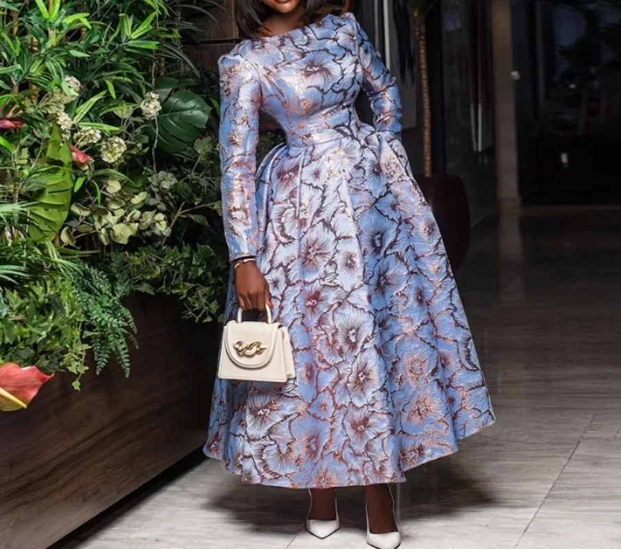 

Dress for Women 2025 Spring Women's Clothing Elegant O-Neck Long Sleeved Waist Cinched Midi A-Line Pleated Dress Large Hem Dress