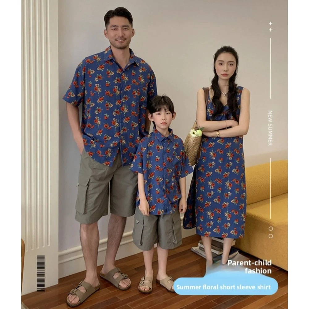 Summer French Retro Floral Family Matching Outfits Mom Daughter Floral Dress Dad Son Shirt Vacation Family Look for 3-4 People