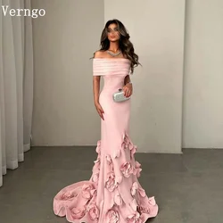 Verngo Pink Crepe Evening Dress 3D Flowers Mermaid Elegant Prom Party Dress Arabic Formal Prom Gown Customized