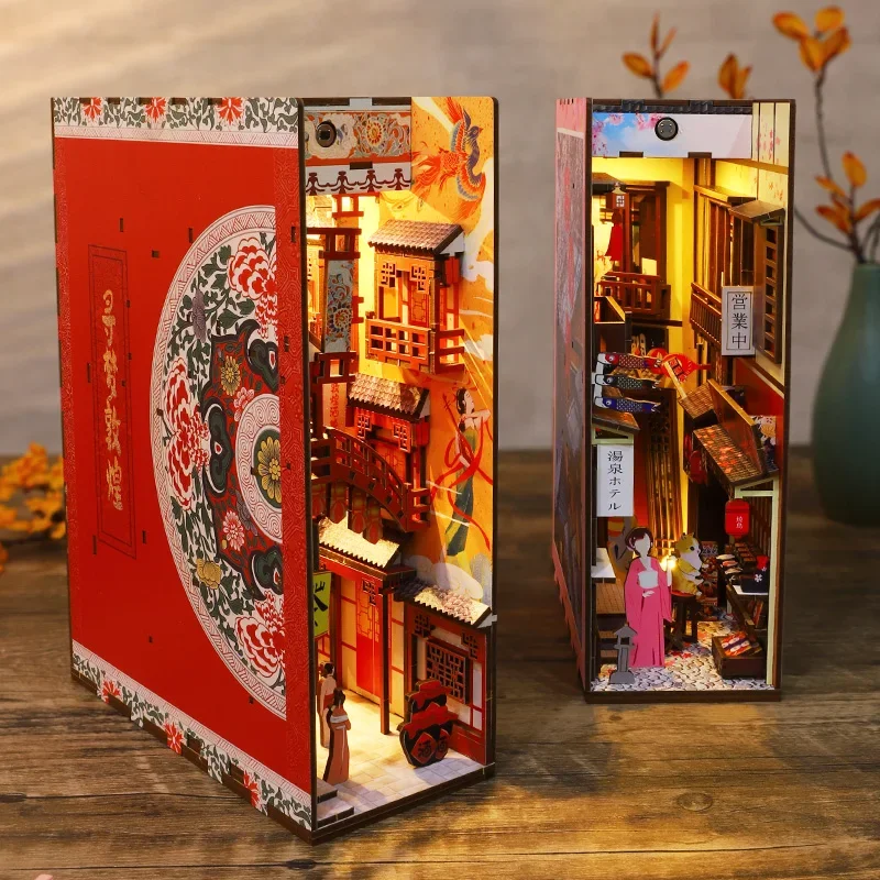 

DIY Wooden Book Nook Shelf Insert Building Kits Japanese Cherry Blossom Bookends Town Miniature Doll Houses with Furniture Toys