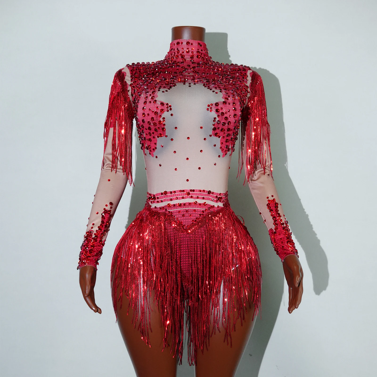 

Stage Outfit Dress Women Sexy Rhinestones Bodysuit Red Tassels Drag Queen Costumes Pole Dance Nightclub Party Performace Wear