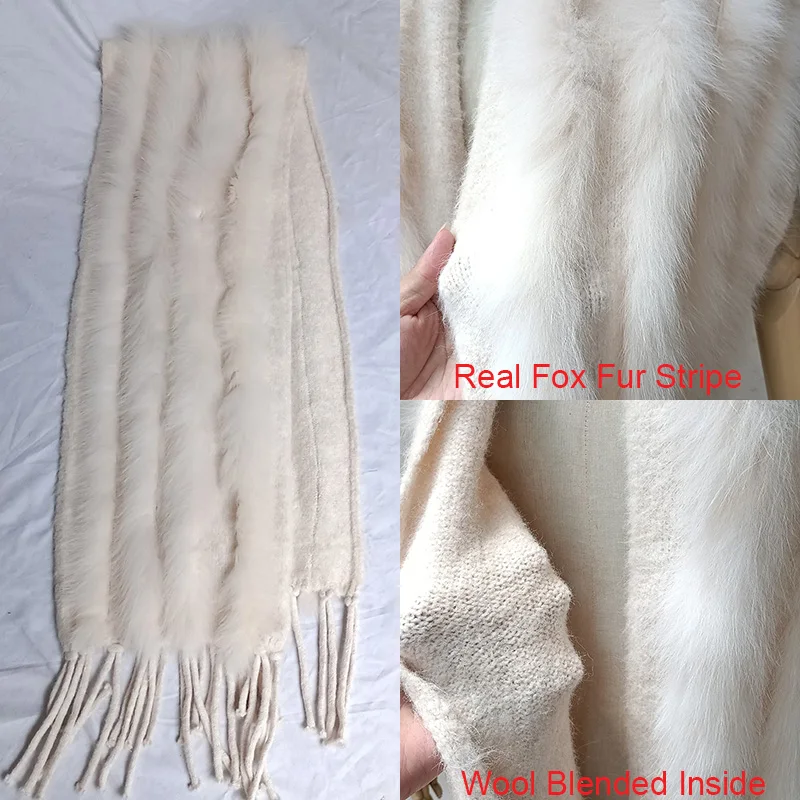 2024 New Real Fox Fur Stripe Shawl With Tassel Warm Long Women Knitted Wrap Wholesale Natural Fur Wide Scarf  Shawl