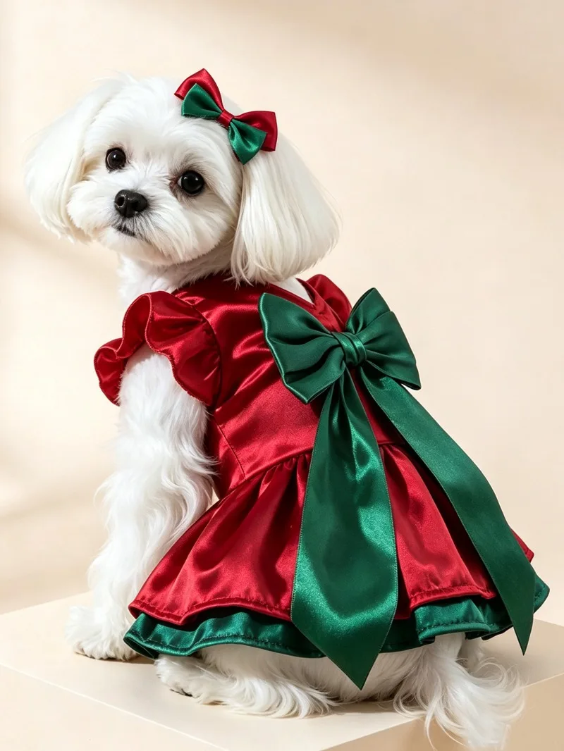 Doppellagiges festliches Kleid mit Schleife für Haustiere, Herbst-Winter-Hundekleidung, Katzenrock, Katzen- und Hundekleid, Haustierbekleidung, Festtagskostüm für Partys – Detail 2