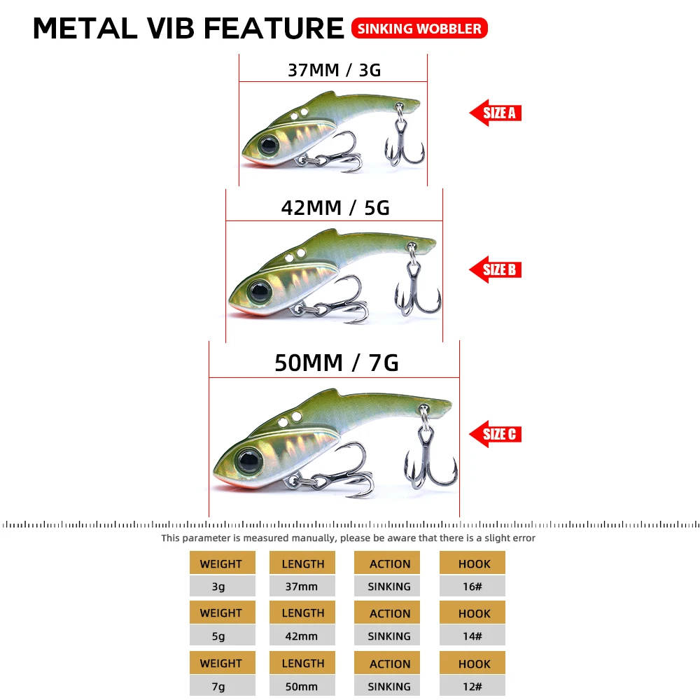 Agoie Mini VIB Fishing Lures 37mm 3g/42mm 5g/50mm 7g Sinking Wobblers Artificial Hard Bait Lead Inside Metal Crankbait for Pike