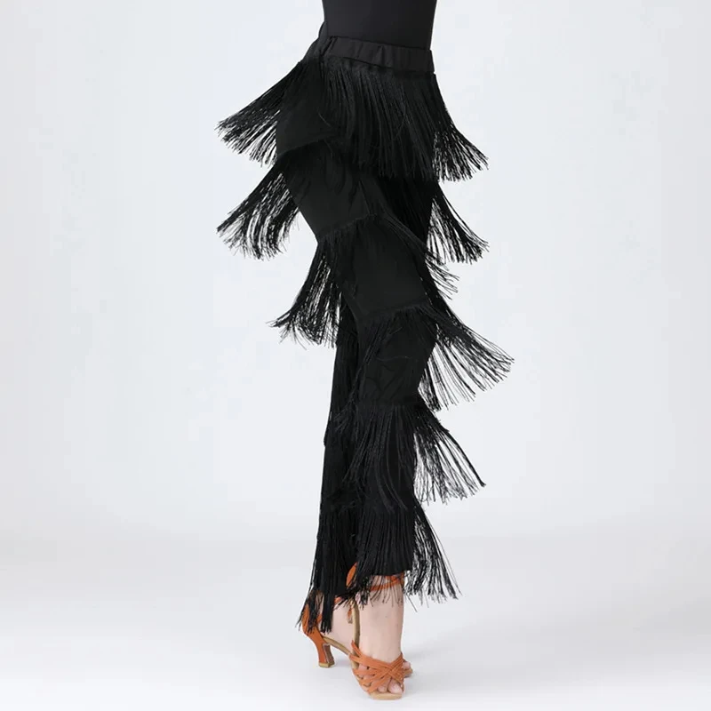 Women Latin Dance Pants Tassels Black Red Fringe Ballroom Tango Salsa Elastic Waist Fashionable Practice Performance Trousers