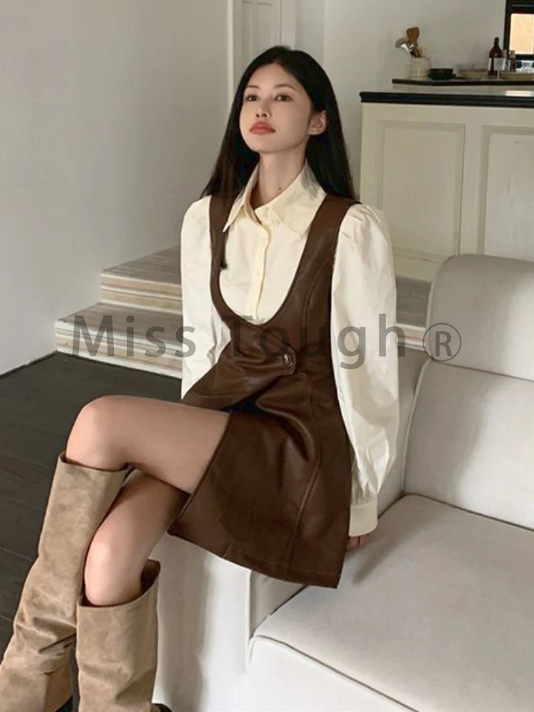 Winter Leather Vintage Two Piece Set Women Patchwork Elegant Suit Female Casual Korean Fashion Strap Dress+solid Shirt Set 2023