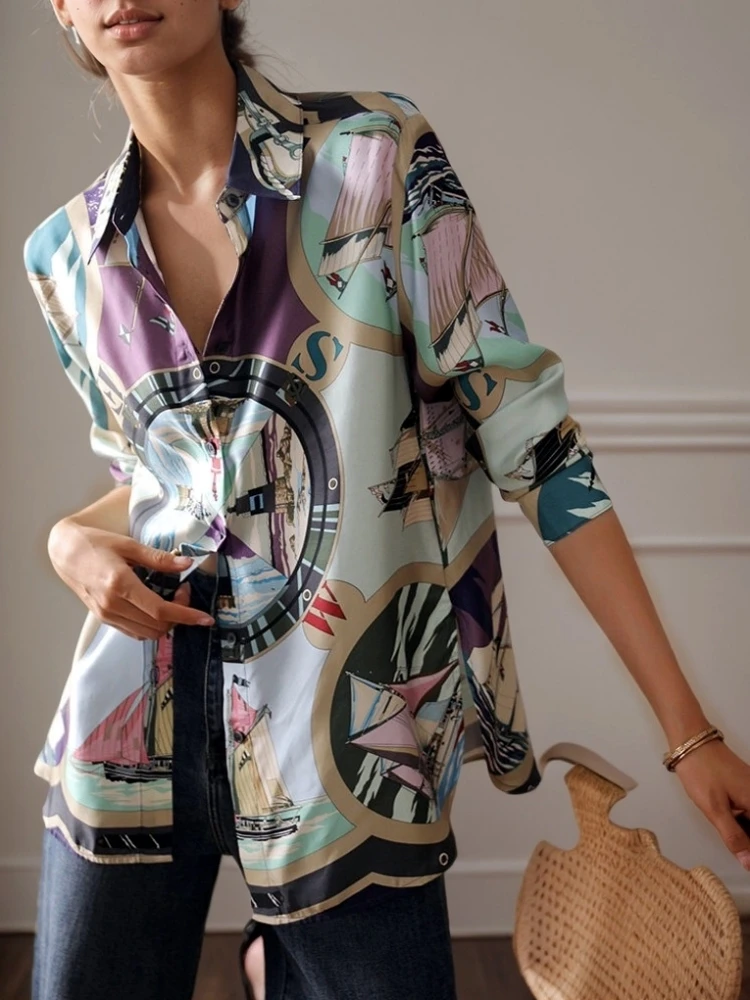 Luxury Brand Design Imitation Silk Plus Size Long Sleeves Shirt For Women Loose Top Popular Elegant Fashion Lady Blouse Clothes