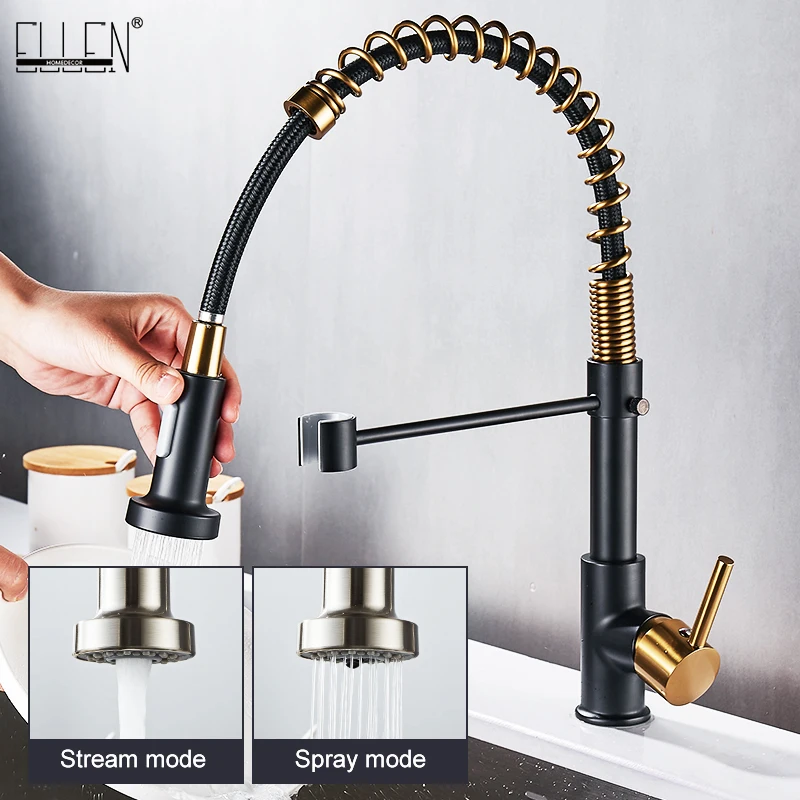 Deck Mounted Flexible Kitchen Faucets Pull Out Mixer Tap Black Hot Cold Kitchen Faucet Spring Style with Spray Mixers Taps E9009