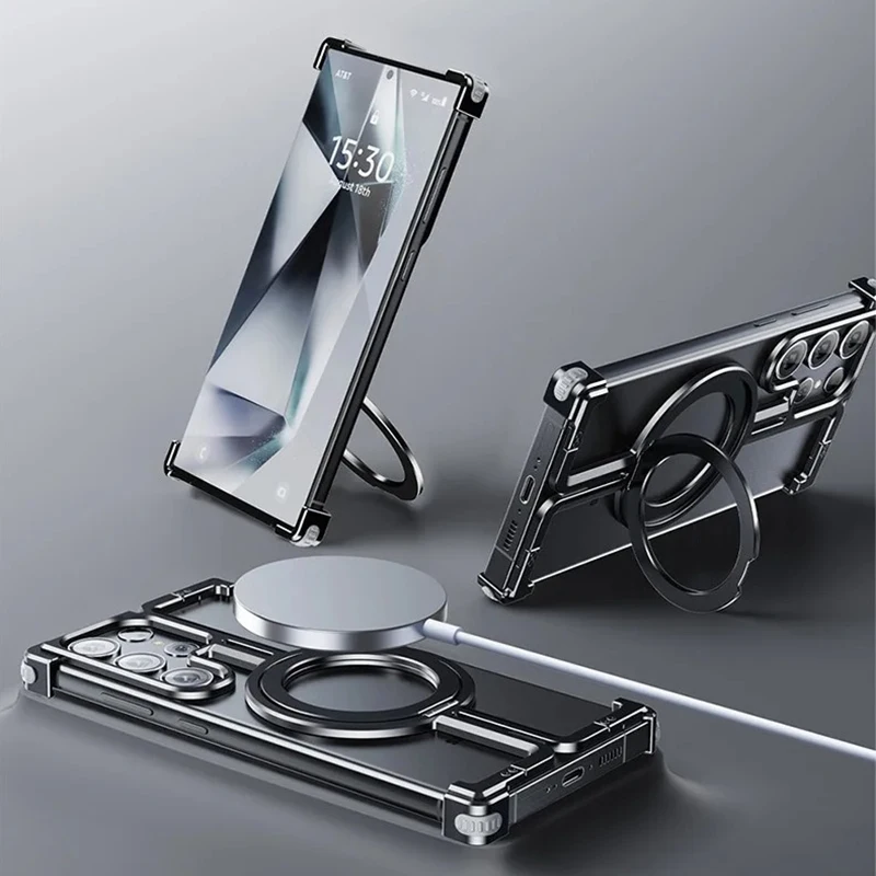 For Samsung Galaxy S24 Ultra S23 Ultra Titanium Case Aluminum Alloy Metal Bumper Magnetic Stand 360° Rotate Rimless Spider Cover