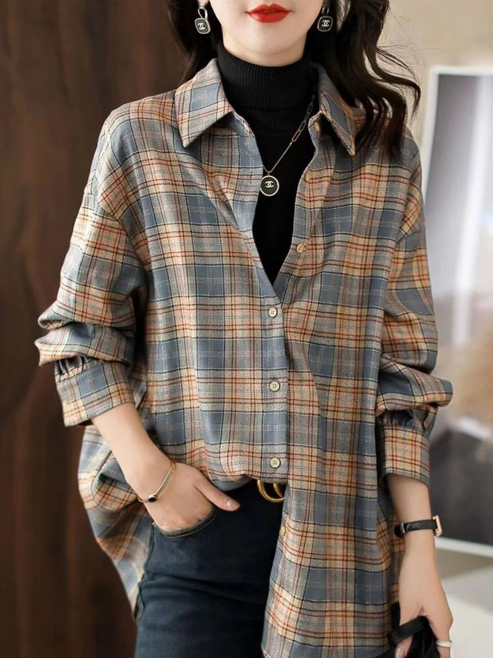 بلوزة نسائية منقوشة irt كاجوال طويلة بطبقات Sve لربيع وخريف وشتاء 2023 جديدة Sle مقاس صغير مزيج قطني مريح #5