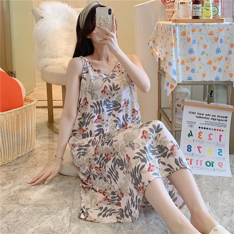 Summer Loose Thin Cotton Night Dress Women Print Cartoon  Sleepwear Lingerie Cute Nightdress Strap Thin Home Wear Clothes