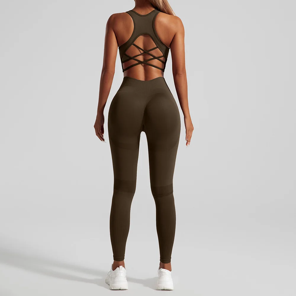 Seamless Yoga Set Two Piece Set Womens Outifits Workout Gym Set Fitness Clothing Tracksuit Backless Crop Top Leggings Sport Suit image 6