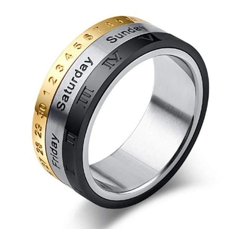 Men Titanium Steel Punk Rotatable Spinner Date Time Calendar Roman Numerals Finger anxiety fidget Ring Fashion Party for women