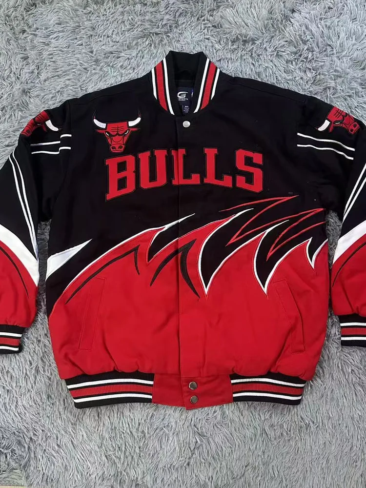 

Retro American Sle Heavyweight Canvas Cotton Jaet Loose Fit Large Size Vintage Windbreaker Chicago Bulls Baseball Collar