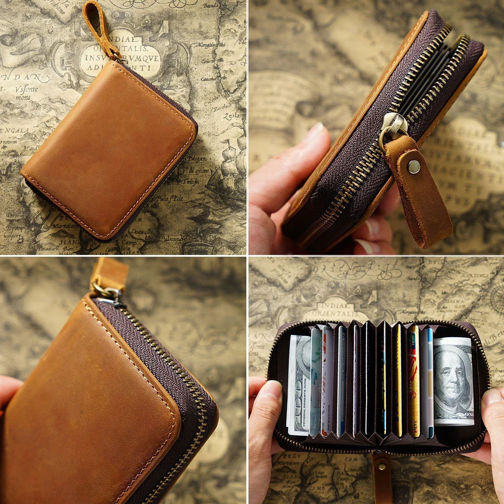 Large Capacity Card Holder with Multiple Slots Genuine Leather Vintage Coin Purse Accordion Wallet Multi-Card Organizer